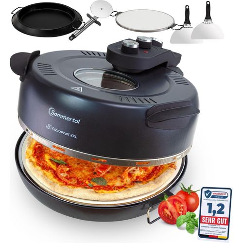 Sommertal PizzaProfi XXL Pizzaofen mit 39cm Steinplatte – Pizza Ofen elektrisch, schnelle 3-Minuten Pizza, bis 380°C – 5-teiliges Set mit Pfanneneinsatz, 2x Pizzaschieber, Schneider, Pizzastein