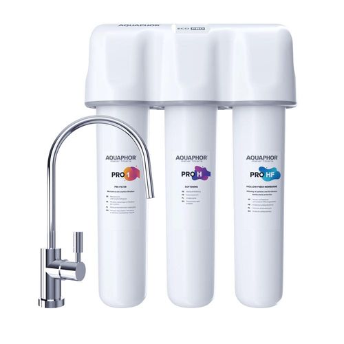 AQUAPHOR ECO PRO H TRIO Trinkwasserfiltersystem mit 1 Wege Wasserhahn Wasserenthärter mit Keimsperre und Ultrafiltration bis 0,1 Mikrometer
