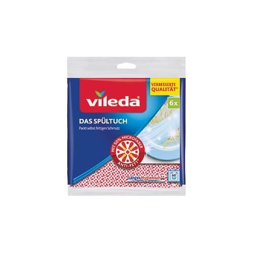 Spültuch vileda®, 1-lagig, mit 30 % Microfaser, L 340 x B 340 mm, Polyester/Viskose, rot-weiss, 6 Stück