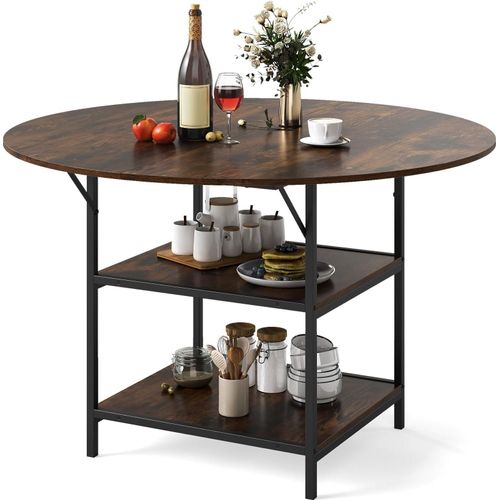 Runder Esstisch, 120 cm, 4-6 Sitzplätze, 2-stufiges Regal