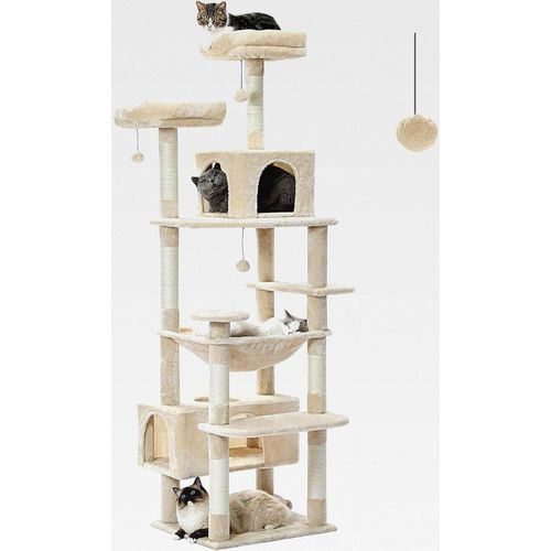 Kratzbaum Grosse Katzen Stabil, 184 cm hoch, 7 Sisalpfosten, Großer Sitzstange, Höhle, Körben, für Indoor-Katzen, Beige