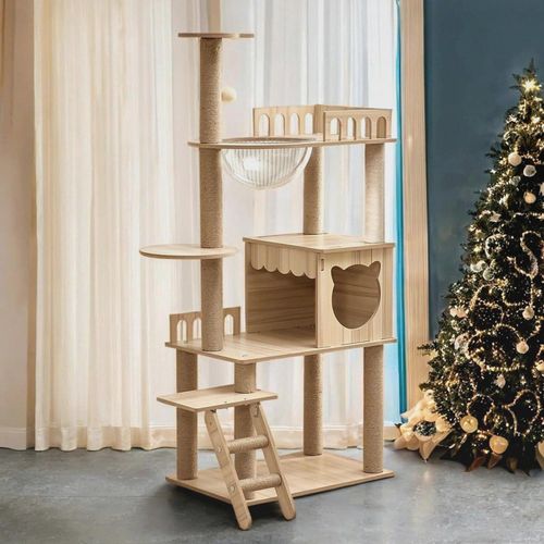 135 cm Kratzbaum Holz,Kratzbaum Grosse stabil,Modern mit Eigentumswohnung, Katzentreppe, Schüssel, 9 Sisal-Spielzeugbällen, Katzenkratzbaum groß (KT-022)