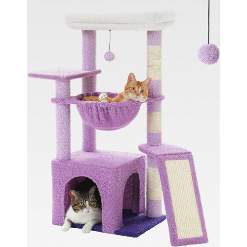 Kaktus-Katzenbaum für Hauskatzen mit super großer Höhle, 1 Sisalbrett, 3 Kratzstämme, mit großer Hängematte und Sitzstange, 90 cm, Lila