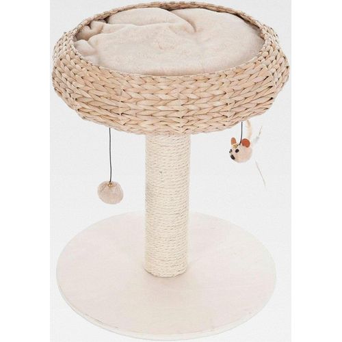 Kratzbaum Natural Home I | mit Schlafkörbchen aus Wasserhyazinthe und gemütlichem Plüschkissen | Sisalstamm und Bodenplatte aus Echtholz | Höhe: 54,5cm