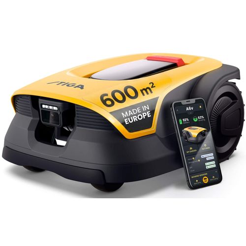 Rasenmähroboter STIGA GARDEN "A 6v", gelb, B:42,3cm H:24,7cm T:55,5cm, Rasenmähroboter, App-Steuerung, Mehrzonen-Management, RTK+KI-Kamera+VISTA-Technologie