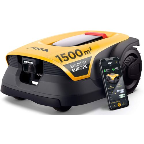 Rasenmähroboter STIGA GARDEN "A 15v", gelb, B:42,3cm H:24,7cm T:55,5cm, Rasenmähroboter, App-Steuerung, Mehrzonen-Management, RTK+KI-Kamera+VISTA-Technologie