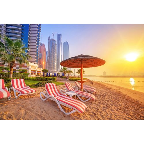 Fototapete PAPERMOON "ABU DHABI-EMIRATES SKYLINE und STRAND", bunt, B:4,5m L:2,8m, Vlies, Tapeten