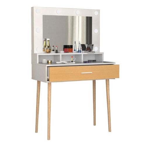 Schminktisch VCM "Schminktisch Beleuchtung Schublade Spiegel Lindas", braun (weiß, honig, eiche), B:80cm T:40cm, Tische, Schminktisch