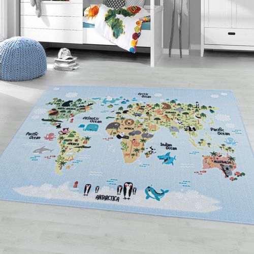 Kinderteppich AYYILDIZ TEPPICHE "PLAY 2917", blau, B:80cm H:6mm L:120cm, Polyamid, Teppiche, Kinderteppich, robuster Kurzflor, bunte Weltkarte, Weltmeere, Tiere, Kinderzimmer