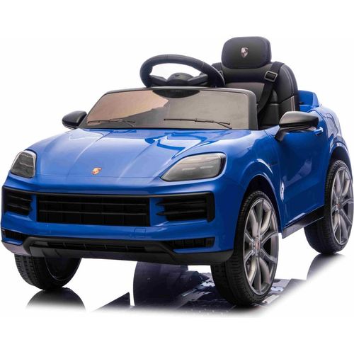 Elektrisches Ride-On Auto Porsche Cayenne 12V mit Hinterradantrieb – Lizenzmodell (Einzelsitz), blau, Lithium-Batterie, breiter Sitz, gefederte Achsen, 2,4 GHz Fernbedienung, MP3-Player mit USB-/AUX-Eingang, LED-Leuchten