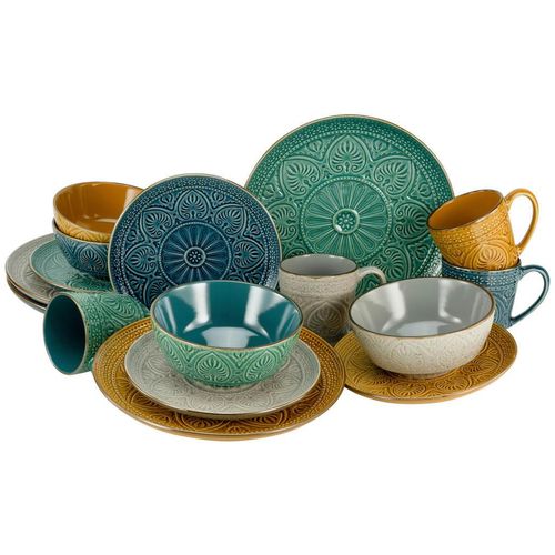 Creatable Kombiservice, Creme, Gelb, Petrol, Smaragdgrün, Keramik, 16-teilig, orientalisch, 300 ml,400 ml, Essen & Trinken, Geschirr, Geschirr-Sets, Kombiservice