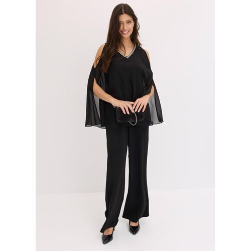 bonprix Overall mit Überwurf und Strasssteinverzierung, schwarz, Gr.36, Modern und feminin: Overall aus strukturiertem Crepe mit kaschierendem Überwurf aus feinem Chiffon und Strasssteinverzierungen am Ausschnitt