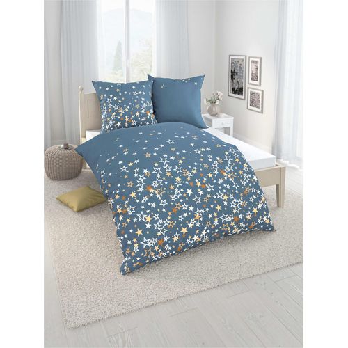 Bettwäsche BIERBAUM Gr. 2, blau (taubenblau, bedruckt), B/L: 155cm x 200cm, Feinbiber, B/L: 80cm x 80cm, 2 Stk., Feinbiber, 100% Baumwolle, Bettwäsche, Bettwäsche