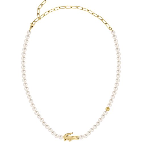 Perlenkette LACOSTE "MATCHPOINT", gold (gelbgoldfarben, weiß), Halsketten, Damen, Edelstahl Perlen, L: 55 B: 6mm, Edelstahl, Perlen, Perlenkette, mit Perle (imitiert), B:6mm