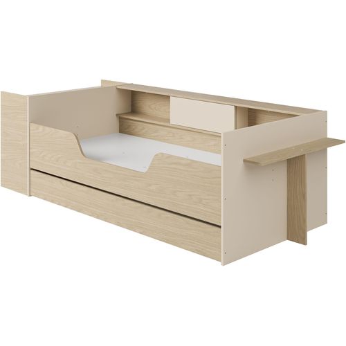 Stauraumbett GAMI "BAYA", eiche rookwood nachbildung, greige, greige, greige, B:110cm H:79cm L:244cm, Betten, Stauraumbett, Ein Bett, das mit Ihrem Kind mitwächst