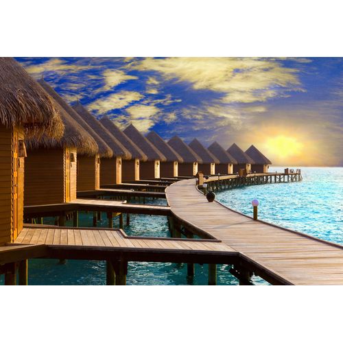 Fototapete PAPERMOON "MALDIVEN-STEG MEER STRAND INSEL SONNE BRÜCKE WOLKEN SEE", bunt, B:4,5m L:2,8m, Vlies, Tapeten
