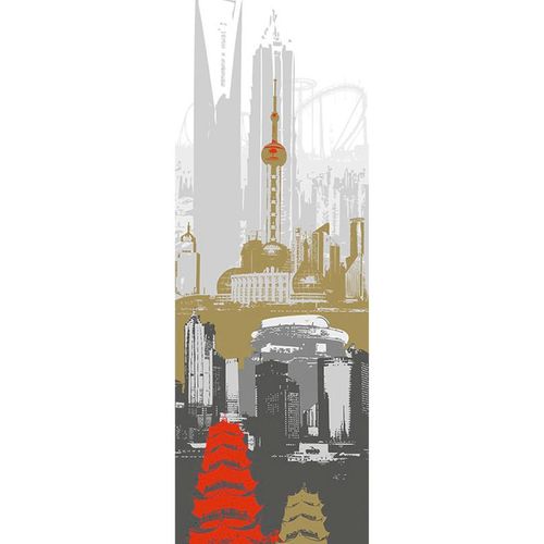 Fototapete ARCHITECTS PAPER "Shanghai", rot (braun, grau, rot), B:1m L:2,8m, Vlies, Tapeten, Grafik Tapete Shanghai Schwarz Weiß Gold Rot Panel 1,00m x 2,80m