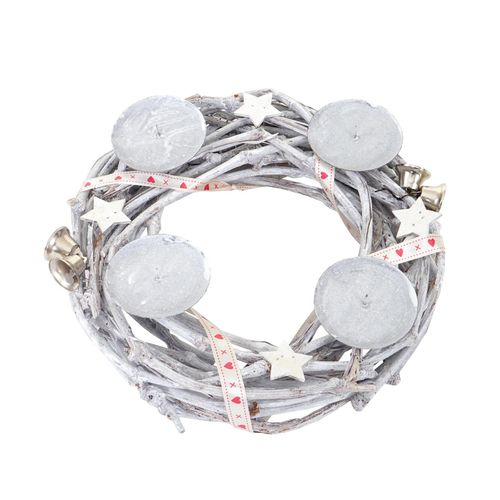 Tischkranz rund, Adventskranz Weihnachtsdeko, Holz Ø 30cm weiß-grau ~ ohne Kerzen