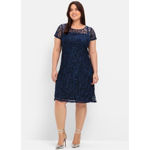Spitzenkleid SHEEGO "Spitzenkleid", Damen, Gr. 56, Normalgrößen, blau (marine), Spitze, 100% Polyamid, unifarben, knielang, Rundhals, Kleider