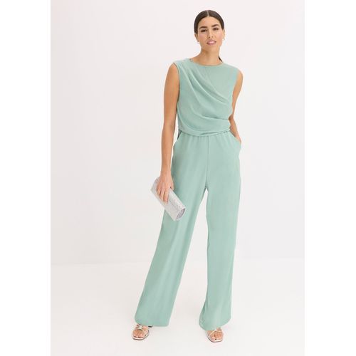 bonprix Overall aus glänzendem Satin, grün, Gr.54, Modern und elegant: Weit geschnittener Overall aus glänzendem Satin mit Drapierung im Oberteil