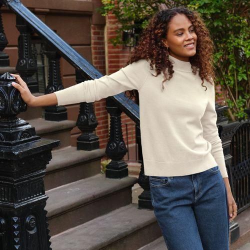 Stehkragenpullover mit Ärmelknöpfen, Damen,  Weiß, Polyester/Nylon/Viskose, by Lands' End