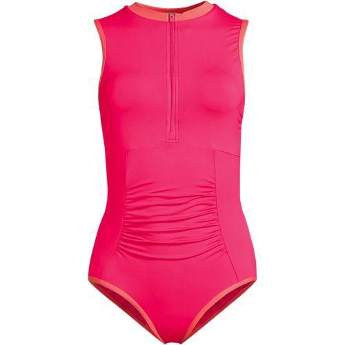 Badeanzug mit Reißverschluss, hoher Ausschnitt, Damen,  Pink, Elasthan/Nylon-Mischung, by Lands' End