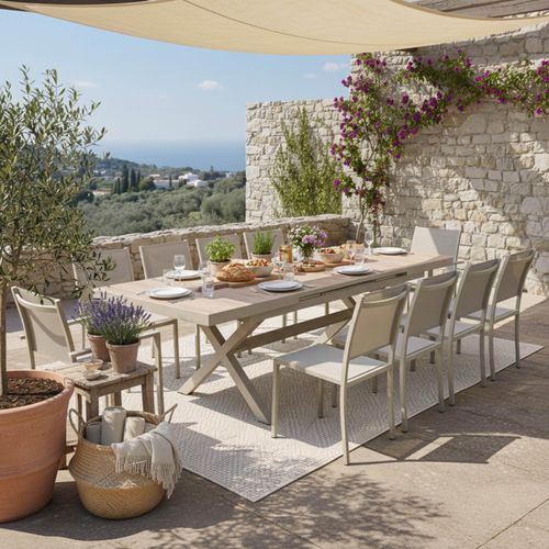 Ausziehbarer Tisch Kreuzbeine Holz 8 Stühle und 2 Sessel Beige - Oviala Tivoli