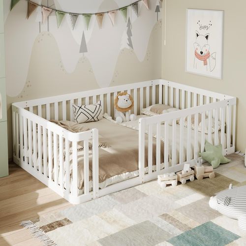 okwish Kinderbett 90x200 Einzelbett mit Zaunbett halbgeschlossen bodennahes bodennahes Holzbett Weiß (ohne Matratze)