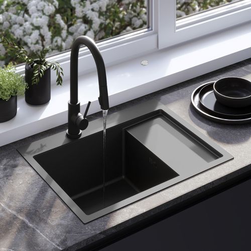 Spülbecken Fin Schwarz 48 cm breit 18,5 cm hoch inkl. Siphon Abflussgarnitur