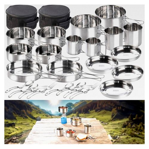 Camping-Pfanne: 24-teiliges Edelstahl-Kochgeschirr-Set mit Besteck und Tasche