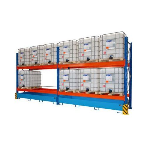 Umwelt-Grundregal 3300-2, Palettenregal, B 3500 x T 1300 x H 3000 mm, für max. 6 IBC, Auffangwanne 1000 l, lichtblau/verkehrsblau/reinorange