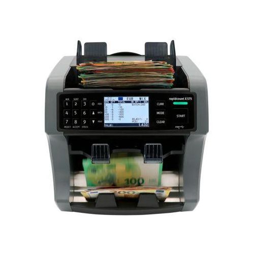 ratiotec® Banknotenzählmaschine rapidcount X575, EZB-geprüft, 1000 Banknoten/min, Zählen/Sortieren/Echtheitsprüfung, Netzanschluss/USB/Druckeranschluss