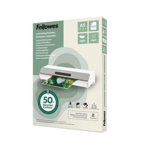 Fellowes® Laminierfolien, Format A5, Folienstärke 80 µ, Recycling-PET, transparent-matt, 100 Stück
