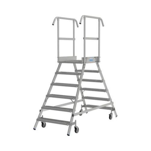 KRAUSE Podestleiter 2x6 Stufen, fahrbar, R13 Profilrost, beidseitig, Plattform 600x720 mm, Geländer 1,00 m