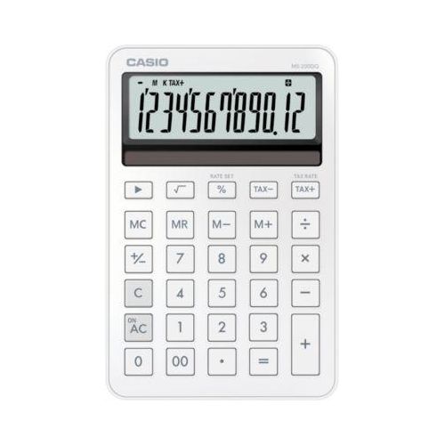 Casio Tischrechner MS-200DQ, 12 Stellen, LC-Display, Steuerberechnung, Gewinnermittlung, Batterie-/Solarbetrieb, B 101 x H 154,5 mm, weiß