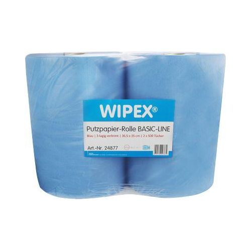 WIPEX Basic-Line Putzpapier, 3-lagig, perforiert, hohe Saugfähigkeit, 100 % Zellstoff, blau, 2 Rollen mit jeweils 500 Tüchern