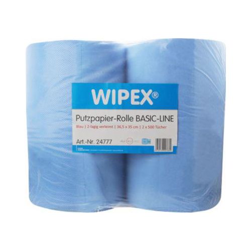 WIPEX Basic-Line Putzpapier, 2-lagig, perforiert, hohe Saugfähigkeit, 100 % Zellstoff, blau, 2 Rollen mit jeweils 500 Tüchern