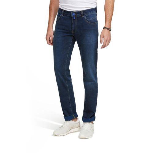 5-Pocket-Jeans MEYER "M5 Slim", Herren, Gr. 42, Länge 34, blau (marine), 99% Baumwolle, 1% Elasthan, unifarben, Basic, figurumspielend lang, Jeans 5-Pocket-Jeans, M5 Slim mit Rundbundverarbeitung