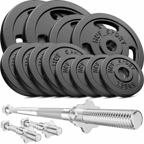 Hop-Sport 59kg Gusseisen Hantel-Set Langhantel Set Langhantelstange Kurzhantelstange 30mm, 1x Langhantel, 2x Kurzhanteln, Gewichte: 2x10kg, 2x5kg, 4x2,5kg, 4x1,25kg