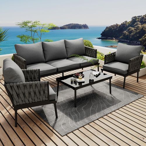 okwish Garten Lounge Set4er-Set, EssgruppeGartenmöbel Set, Balkonmöbel , Balkonset Outdoor Sitzgruppe mit Sesseln& Couchtisch mit bequemen Kissen, Grau
