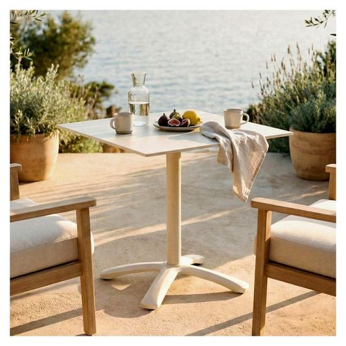 Gartentisch MASA mit Steinplatte 70x70 cm, Cremeweiß – wetterfester Balkontisch mit Sintersteinplatte und stabilem Gestell