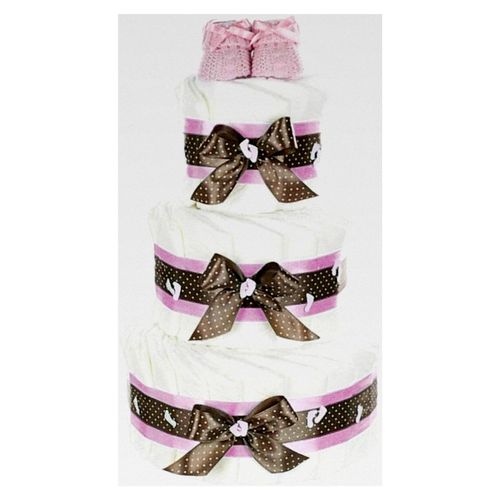 XXL Windeltorte für Mädchen mit rosa Babybooties / 59-teilig / 3-stöckig