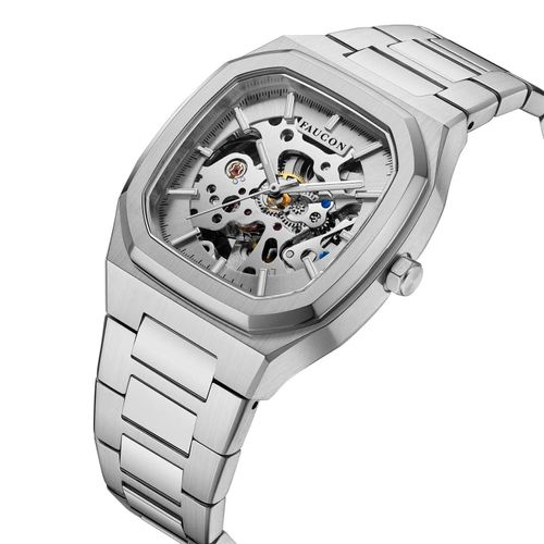 Faucon Octagon in silber Herren Automatik Skelett Armbanduhr, Edelstahl Uhr Analog, Leuchtindizies, mechanisches Uhrwerk