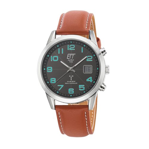 Funkuhr ETT "Gobi", braun, schwarz, Armbanduhren, Herren, Funkuhr, Armbanduhr, Solar, Herrenuhr, Lederarmband, analog, digital, Tag