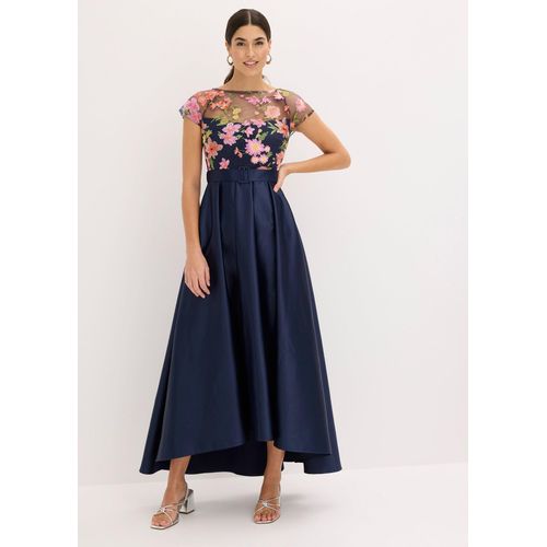 bonprix Maxikleid aus glänzendem Satin mit Spitze, blau, Gr.36, Bezauberndes Maxikleid aus glänzendem Satin mit floraler Stickerei im Oberteil und Gürtel