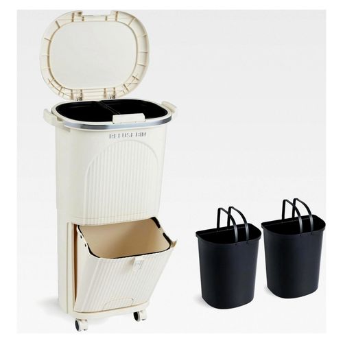 Mülleimer für die Küche, Mülltrennsystem mit 3 Fächern, 2 x 12L Inneneimern & 14L Treteimer, Abfalleimer mit Rollen, Deckel, Pedal & Haken, Tretmülleimer für die Küche (38L-1 Deckel, Beige)