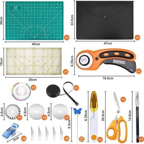 Komplettes 45-mm-Rollschneider-Set, bestehend aus 45-mm-Rollschneider, Werkzeugset mit Rollschneider, A3-Schneidematte, Patchwork-Lineal, 10 Stoffklammern, 50 Stecknadeln und 3 Ersatzklingen für verschiedene Schneidarten.