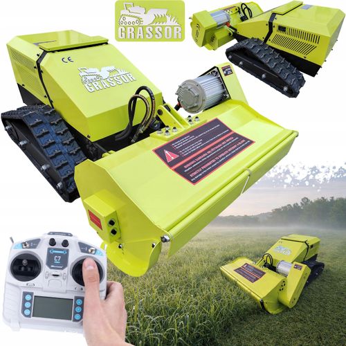 Elektro-Balkenmulcher Grassor AgroForce 800E-10 – 80 cm Schnittbreite | 3000 W Motor | 8 kWh Akku | 200 m Fernbedienung | Kettenantrieb | Hydraulische Hubhöhe 0–20 cm | Mulchen und Mähen von hohem Gras und dichtem Bewuchs