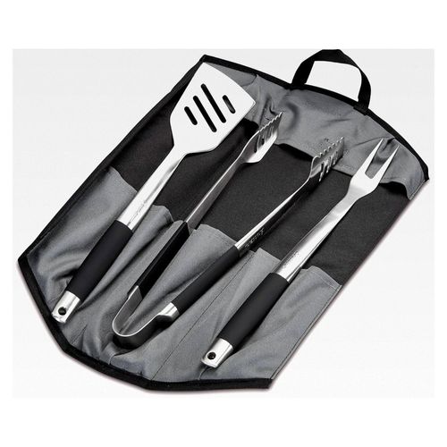 Premium Edelstahl 3-Set mit Grillzange, Grillwender, Grillgabel, faltbarer Tasche, Grill-Zubehör, Gasgrill BBQ, schwarz