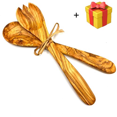 Salatbesteck OLIVENHOLZ-ERLEBEN "Salatbesteck mittel mit Bastband", braun, Massivholz, Kochbesteck-Sets, Salatbesteck, Stilvoll Salate servieren – ein echter Blickfang auf dem Tisch.